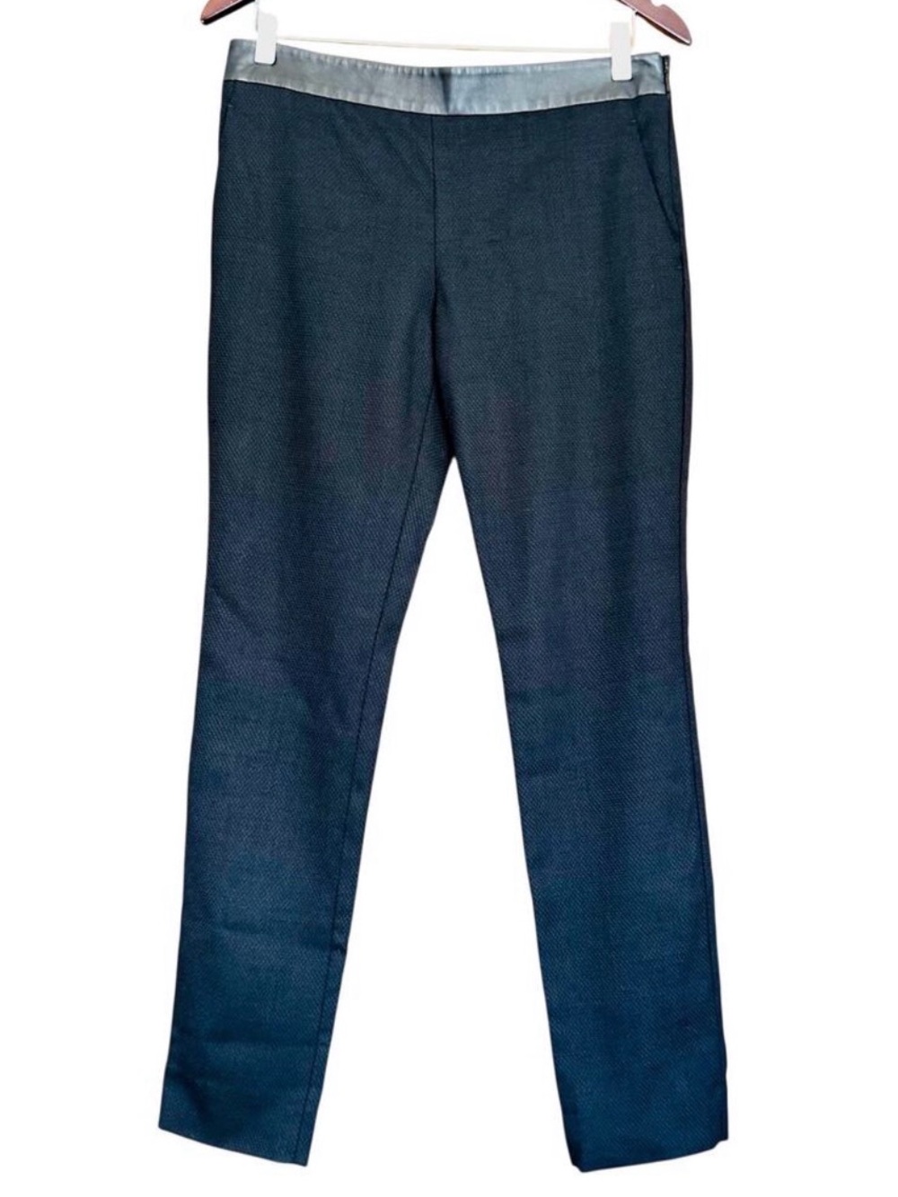 Gucci Black Textured Wool Stretch Slim Pants w/ Leather Waistband sz 42